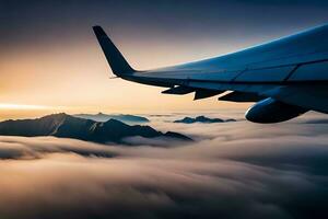 an airplane wing flying over the clouds. AI-Generated photo