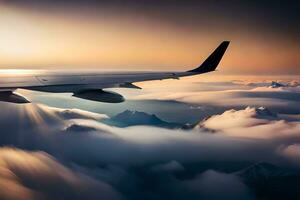 an airplane wing flying over the clouds. AI-Generated photo