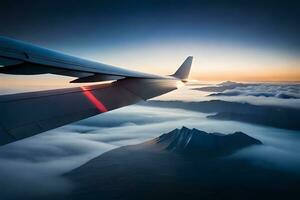 an airplane wing is flying over the mountains. AI-Generated photo