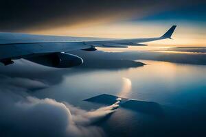 an airplane wing is flying over the ocean and clouds. AI-Generated photo