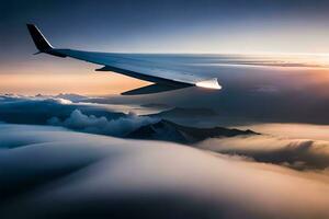 an airplane wing flying over the clouds. AI-Generated photo