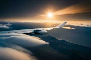 an airplane wing flying over clouds at sunset. AI-Generated photo