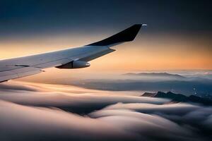 an airplane wing flying over the clouds at sunset. AI-Generated photo