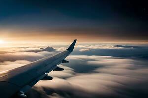 an airplane wing is seen flying above the clouds. AI-Generated photo