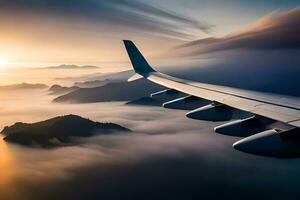 an airplane wing flying over the ocean and mountains. AI-Generated photo