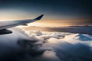 an airplane wing is flying over clouds. AI-Generated photo