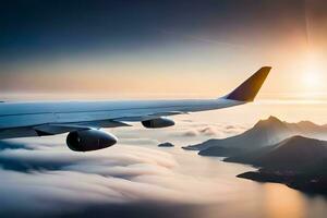 an airplane flying over the ocean with mountains in the background. AI-Generated photo