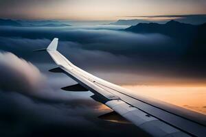 an airplane wing flying over clouds at sunset. AI-Generated photo