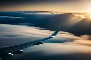 an airplane wing flying over clouds with sun rays. AI-Generated photo