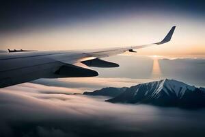 an airplane wing flying over a mountain range. AI-Generated photo