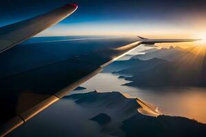 an airplane wing is flying over a mountain range. AI-Generated photo