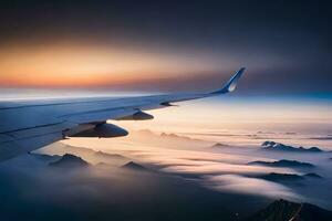 an airplane wing flying over the mountains at sunset. AI-Generated photo