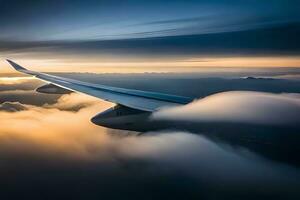 an airplane wing is flying above the clouds. AI-Generated photo