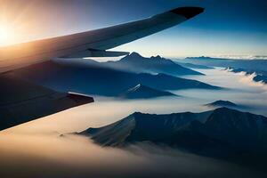 an airplane wing is flying over mountains and clouds. AI-Generated photo