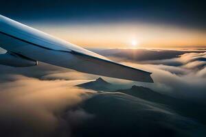 a view of the wing of an airplane flying over the clouds. AI-Generated photo