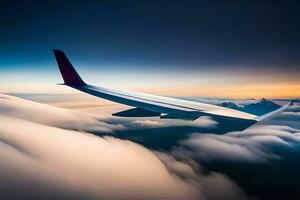 un avión volador terminado el nubes a puesta de sol. generado por ai foto