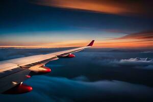 an airplane wing is seen flying over the clouds. AI-Generated photo