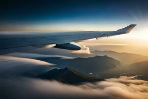 an airplane wing flying over mountains and clouds. AI-Generated photo