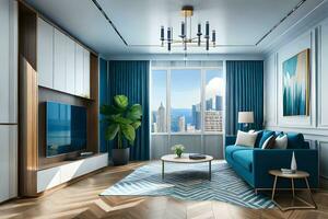 a modern living room with blue furniture and a view of the city. AI-Generated photo