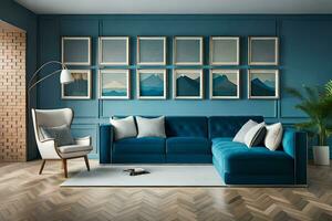 blue sofa in a living room with wood floors and pictures on the wall. AI-Generated photo