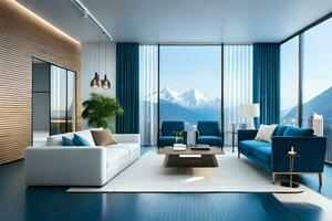 a modern living room with blue furniture and a view of the mountains. AI-Generated photo