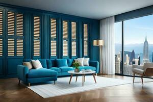 a blue living room with a view of the city. AI-Generated photo