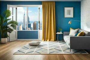 a living room with blue walls and yellow curtains. AI-Generated photo