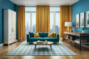 a living room with blue walls and yellow curtains. AI-Generated photo