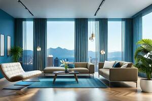 a modern living room with blue walls and floor. AI-Generated photo