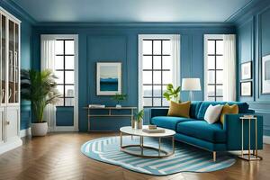 a blue living room with a blue sofa and a blue rug. AI-Generated photo