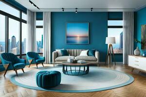 a modern living room with blue walls and furniture. AI-Generated photo