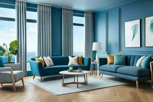 blue living room with blue furniture and a view of the ocean. AI-Generated photo