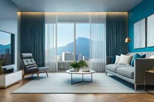 a modern living room with blue walls and wood floors. AI-Generated photo