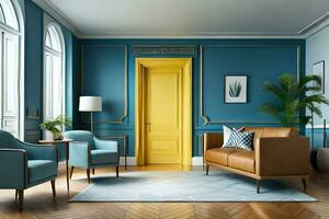 a blue living room with yellow door and chairs. AI-Generated photo