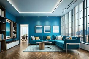 a modern living room with blue walls and wooden floors. AI-Generated photo