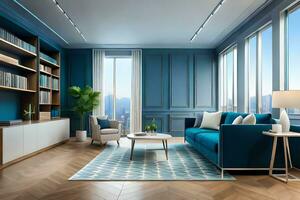 a blue living room with a blue sofa and bookshelves. AI-Generated photo