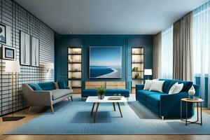 a modern living room with blue furniture. AI-Generated photo