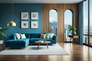 a blue living room with wooden floors and a large window. AI-Generated photo