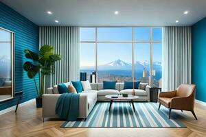 a modern living room with blue walls and a view of the mountains. AI-Generated photo