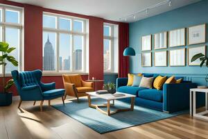 a colorful living room with blue walls and yellow furniture. AI-Generated photo
