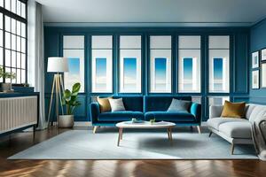 blue living room with blue walls and furniture. AI-Generated photo