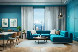 a modern living room with blue walls and a blue couch. AI-Generated photo