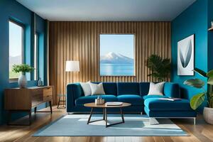 a blue living room with a view of mt fuji. AI-Generated photo