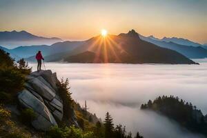 a man standing on a mountain top looking at the sun. AI-Generated photo