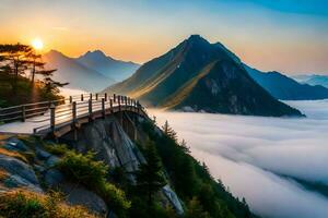 un puente terminado el nubes en el montañas a amanecer. generado por ai foto