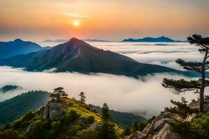 a view of the mountains and clouds at sunset. AI-Generated photo