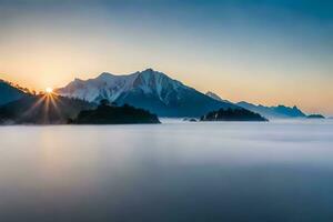 the sun rises over a mountain range with fog. AI-Generated photo