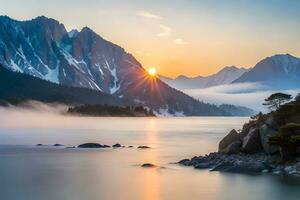 the sun rises over a mountain range and lake. AI-Generated photo