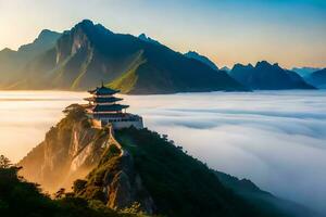 el amanecer terminado el montañas y niebla en porcelana. generado por ai foto