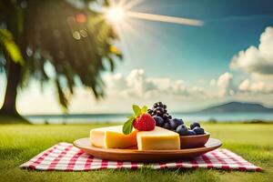 picnic on the beach with cheese, berries and fruit. AI-Generated photo